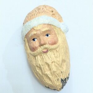 Paper Mache Santa Claus Head Ornament Hand Painted Face PINK Hat Christmas